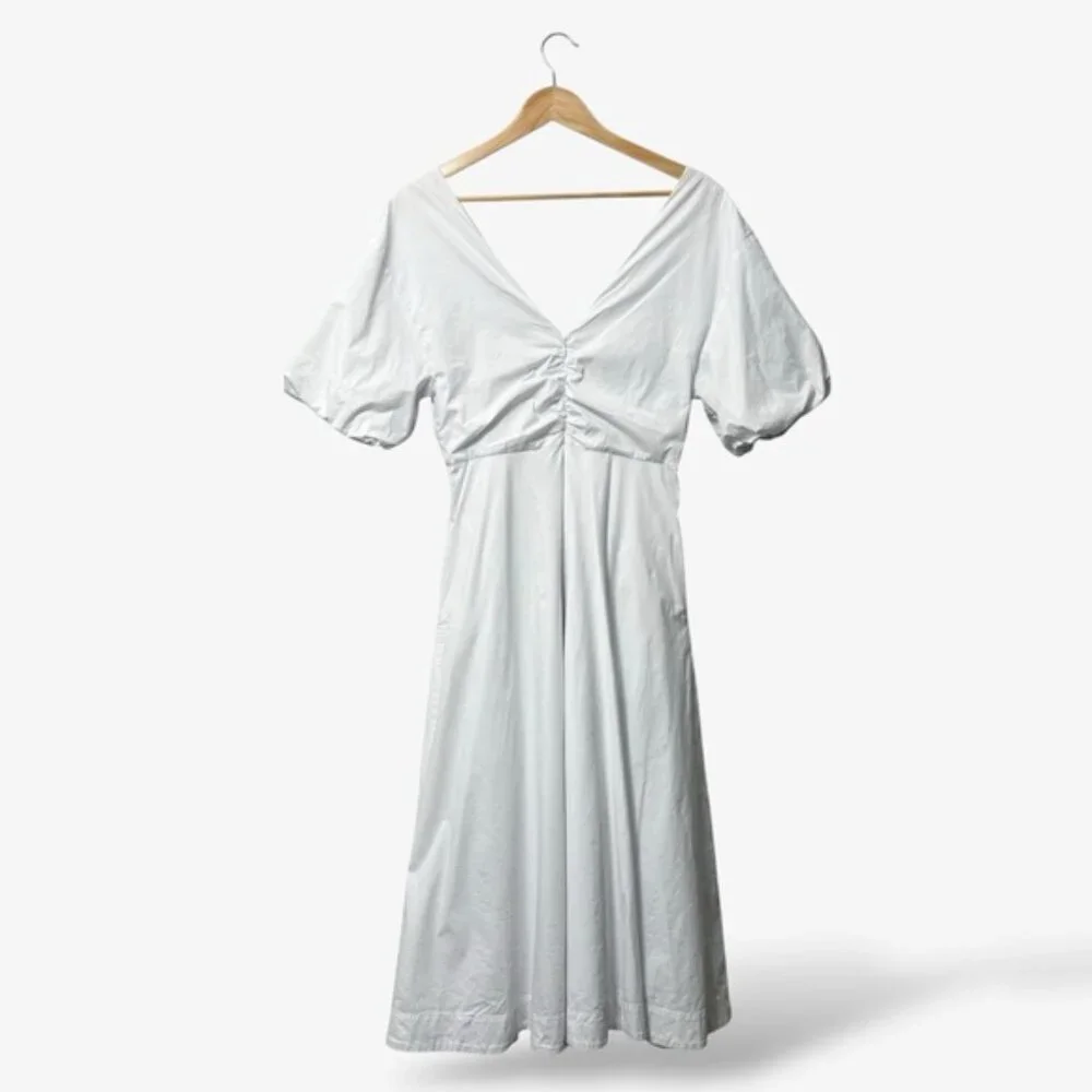 STAUD Finely Twisted Front Midi Dress Classic White V-Neck Puff Sleeve, Size 8 - Picture 8 of 14